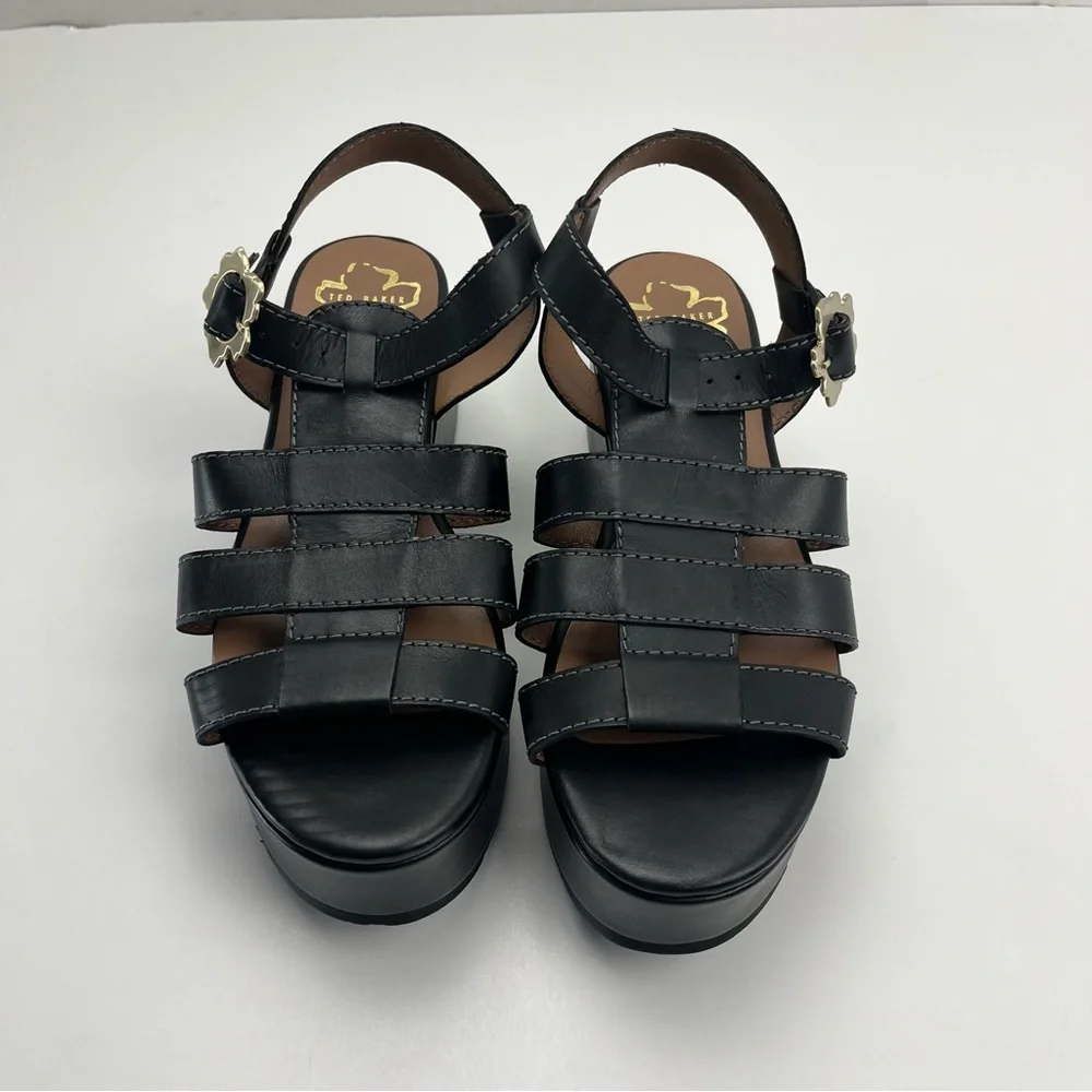 Ted Baker‎ Ffayeta Black Leather Sandal Platform Wedge Womens Size US 10.5 NEW